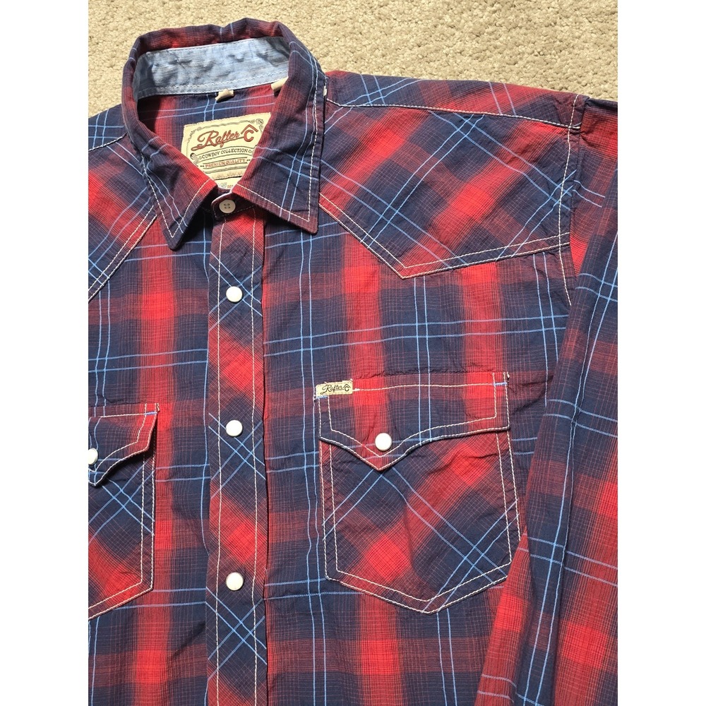 Rafter C Shirt Red Pro-Flex Performance Pearl Snap Western Mens L Blue Red Plaid - Picture 6 of 16